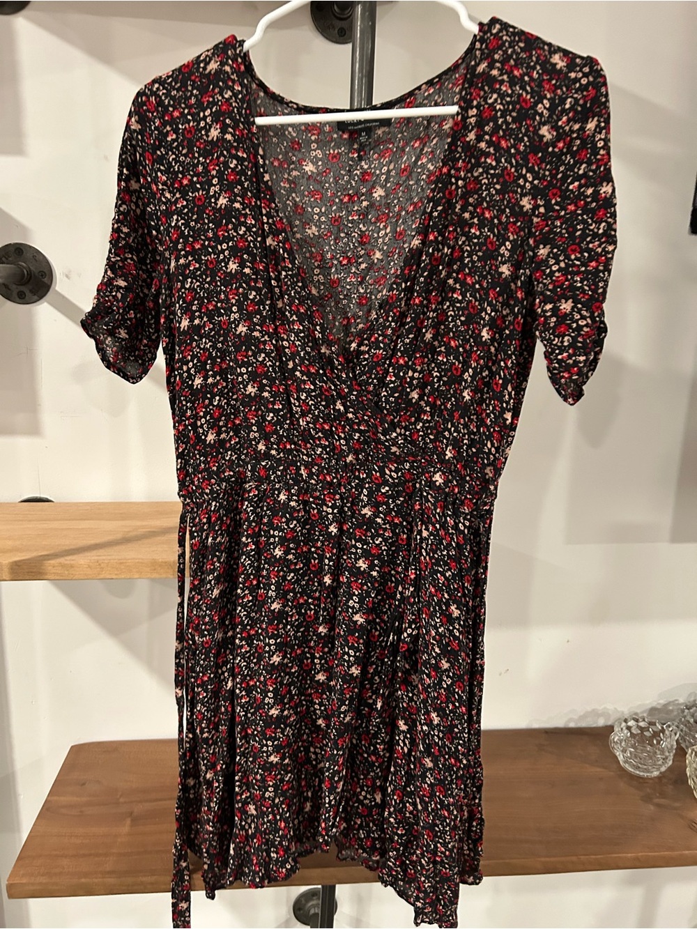 Lucky Brand Black Mini Dress with Red & Cream Floral Pattern